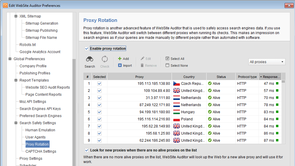 proxy rotation settings for seo powersuite